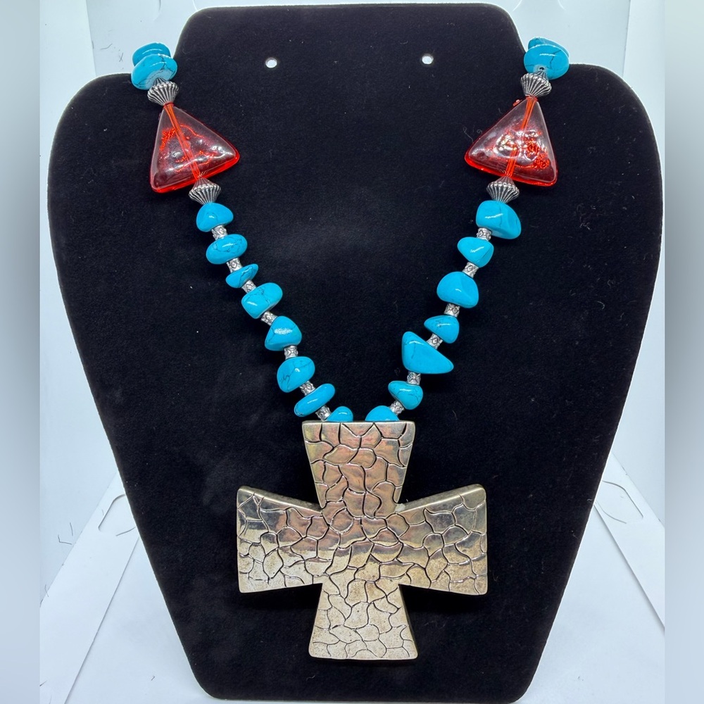 Turquoise and Red Beaded Necklace with Cross Pendant